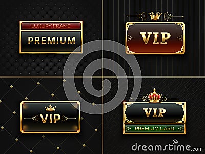 Golden Vip frame. Premium banner with gold insignia crown. Black luxury invitation card with gold frames. Exclusive Vector Illustration
