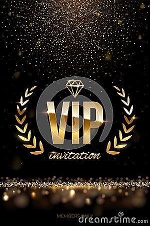 Golden VIP invitation template - type design with diamond, laurel wreath and golden glitter on dark luxury background Vector Illustration