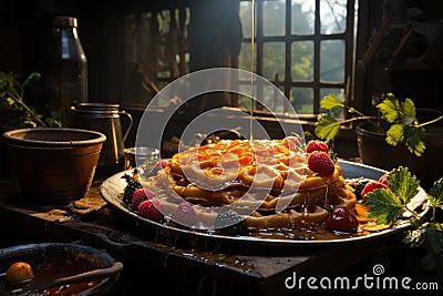 Golden waffles, fresh fruits and syrup in appetizing scene., generative IA Stock Photo
