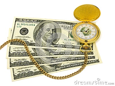 Golden watch on money Stock Photo