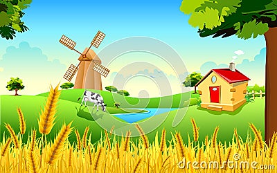 Golden Wheat Farm Vector Illustration