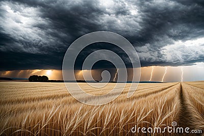 A golden wheat field under a stormy sky Stock Photo