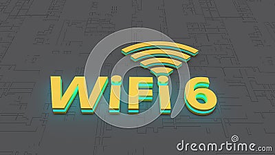 Golden WiFi 6 symbol with blue light flashing on abstract background. 3D rendering. Stock Photo