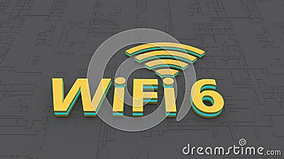 Golden WiFi 6 symbol with light flashing on abstract background. 3D rendering. Stock Photo