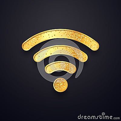 Golden wifi vector sign. Gold wi fi wireless symbol. Isolated textured wi-fi logo on dark background Stock Photo