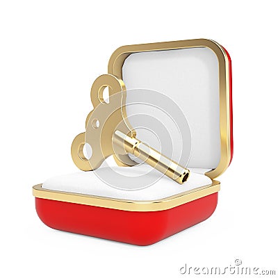 Golden Windup Key in the Red Gift Box. 3d Rendering Stock Photo