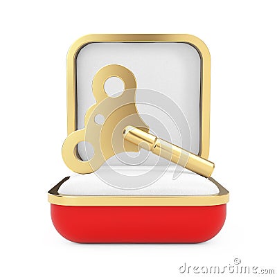 Golden Windup Key in the Red Gift Box. 3d Rendering Stock Photo