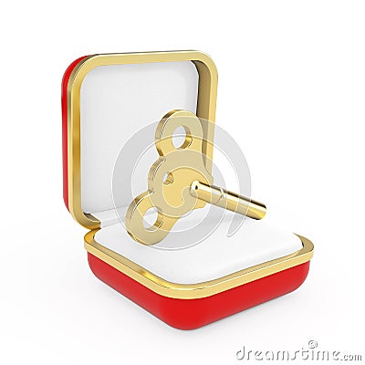 Golden Windup Key in the Red Gift Box. 3d Rendering Stock Photo