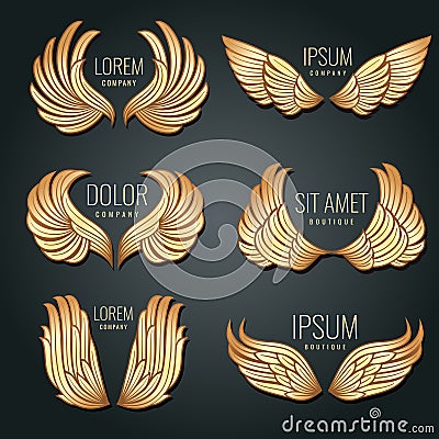 Golden wing logo vector set. Angels and bird elite gold labels for corporate identity design Vector Illustration