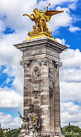 Golden Winged Horse Statue Pont Bridge Alexandre III Paris France Stock Photo