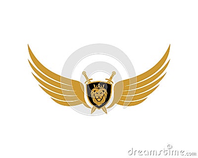 Golden wings and shield with lion king inside Vector Illustration