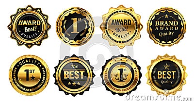 Golden winner badges. Retro gold quality stamp, exclusive circle badge and heraldic award vector illustration set Vector Illustration