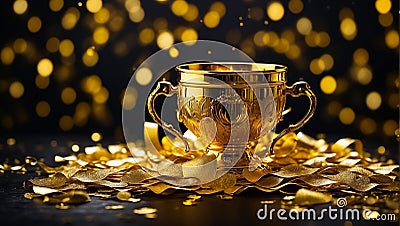 Golden winner cup on dark background congratulation Stock Photo