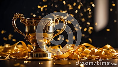 Golden winner cup on dark background congratulation prize Stock Photo