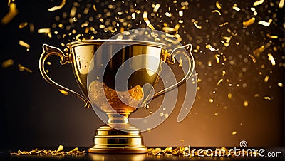 Golden winner cup on dark background congratulation shiny Stock Photo
