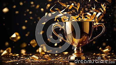 Golden winner cup on dark background congratulation prize success Stock Photo