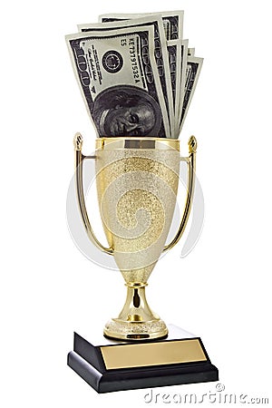 Golden winner cup with money Stock Photo
