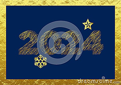 Golden wish card new year 2024 with geometric font with star and snowflake on a gold and blue background Stock Photo