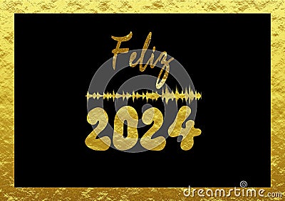 Golden and black wish card new year 2024 in Spanish with sound wave Stock Photo