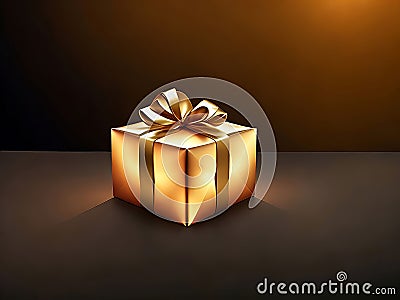 Golden Wrapped Gift Box with a Golden Bow on Reflective Surface on Red-brown Background, created with Generative AI technology Stock Photo