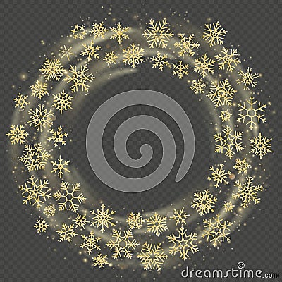 Golden wreath of snowflakes. Celebration of Christmas and New Year frame overlay effect. Happy Holidays template. EPS 10 Vector Illustration