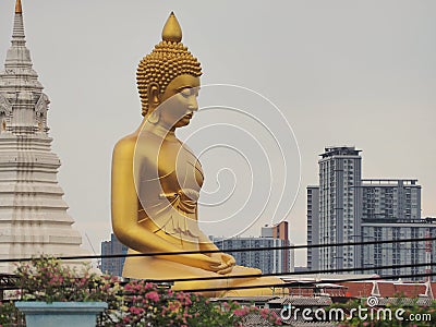 Golden yellow Buddha, gray sky, turquoise silver, white gray, green leaves and white light. Stock Photo