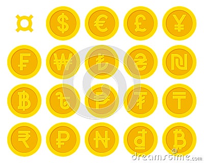 Golden yellow coins with currency symbols set Vector Illustration