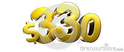 Golden yellow number 330 dollars 3D. Cartoon Illustration