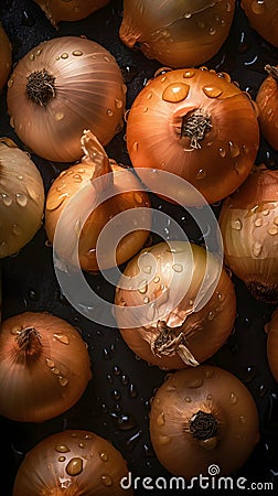 Golden-yellow onion on a dark background, covered in water droplets. Stock Photo