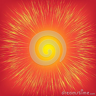 Golden, yellow, shiny radial rays speed lines on a bright red background, like sun Vector Illustration