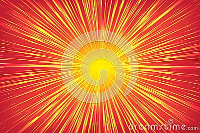 Golden, yellow, shiny radial rays speed lines on a bright red background, like a sun Vector Illustration