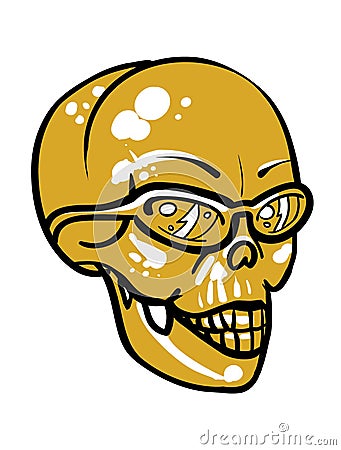 Golden Yellow skull with sunglasses. Happy Halloween. Stock Photo