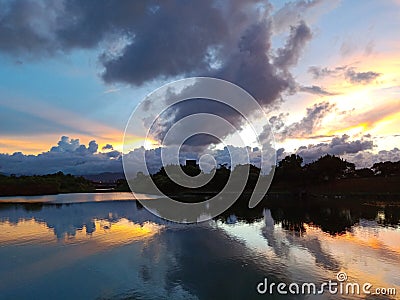 the beautiful sunset and clouds reflected on the Dongshan River in Yilan Stock Photo