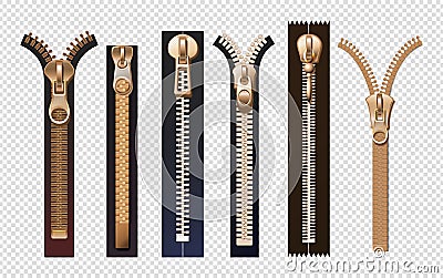 Golden zippers. Metal and plastic fasteners with pulls. Isolated reallistic garment components and handbag accessories Vector Illustration