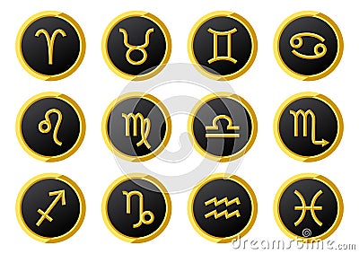 Golden zodiac symbols on golden ring frame Vector Illustration