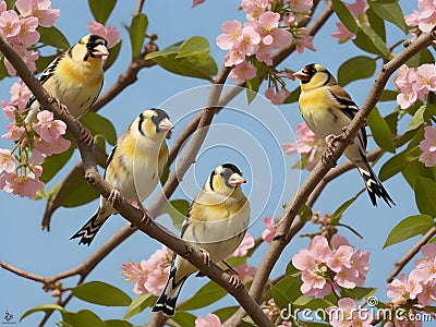 goldfinch on a branch of sakura with pink flowers Stock Photo