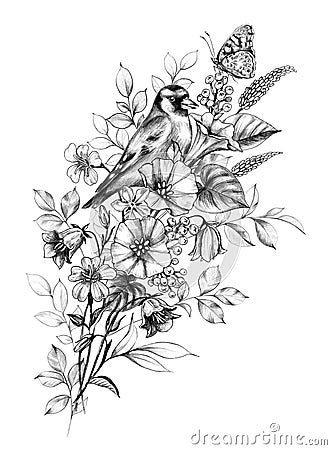 Goldfinch, Butterfly and Wildflowers Bouquet Stock Photo