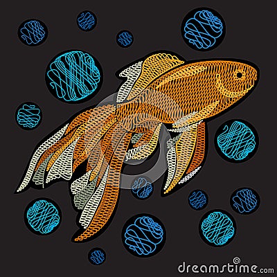 Goldfish with bubbles. Embroidery with golden fish on a black ba Vector Illustration