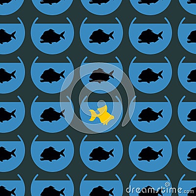 Goldfish in flock Piranha seamless pattern. Not like other. Diff Vector Illustration