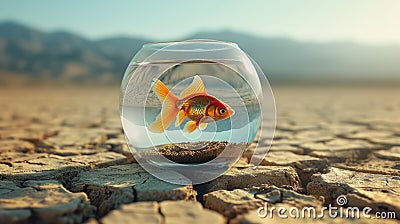 Goldfish in a glass fishbowl on a cracked soil of empty desert Stock Photo