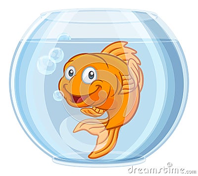 Goldfish in Gold Fish Bowl Cute Cartoon Character Vector Illustration