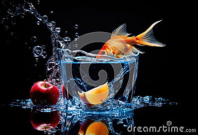 goldfish jumps into empty glass Stock Photo