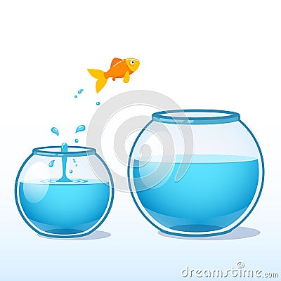 Goldfish making leap of faith to a bigger fishbowl Vector Illustration