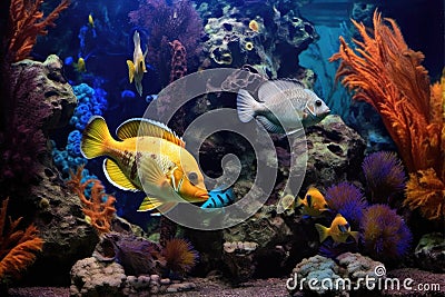 goldfish in a minimalist, modern aquarium with live plants Stock Photo