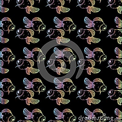 Goldfish pattern on black background with gradient Cartoon Illustration