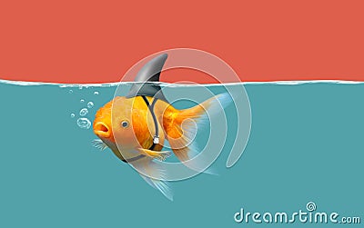 Goldfish with shark fin swim in green water and red sky, Gold fish with shark flip . Mixed media Stock Photo