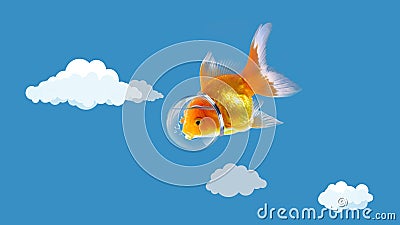 Goldfish in the sky with Astronaut hat, Gold fish swim in the blue sky,Mixed media. enigmatic stories, fantasy, fairy tales Stock Photo