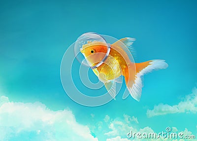 Goldfish in the sky with Astronaut hat, Gold fish swim in the blue sky,Mixed media. enigmatic stories Stock Photo