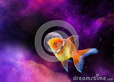 Goldfish in the sky with Astronaut hat, Gold fish swim in the galaxy space,Mixed media. enigmatic stories, fantasy, fairy tales Stock Photo