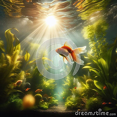 Goldfish swims around water tank filled with aquatic vegetation Stock Photo